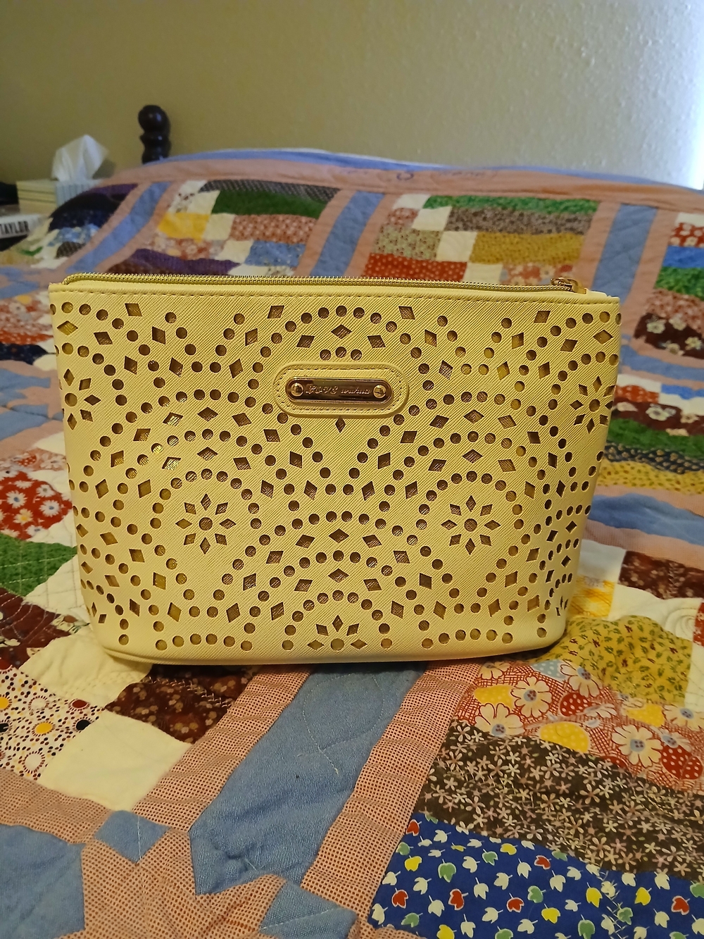 Olivia + Joy Beige Laser-Cut Cosmetic Pouch Gold Accents
